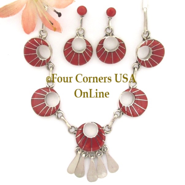 Coral Inlay Necklace Earring Set Zuni Artisan Loretta Martza Four Corners USA OnLine Native American Silver Jewelry